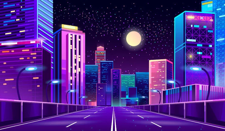 未来科技科幻霓虹灯渐变绚丽城市建筑夜景灯光插画AI/PSD设计素材100套【079】